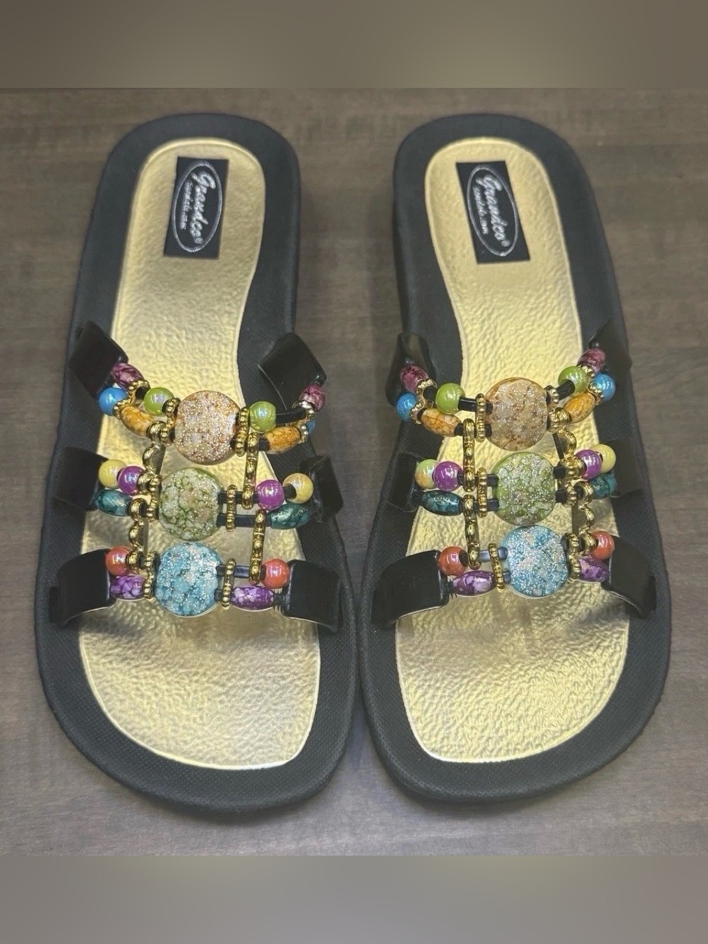 GRANDCO SANDALS Beach Pool SLIDE Sz 10 BLING Color Beads BLACK SLIDE Flip Flops - Picture 2 of 10